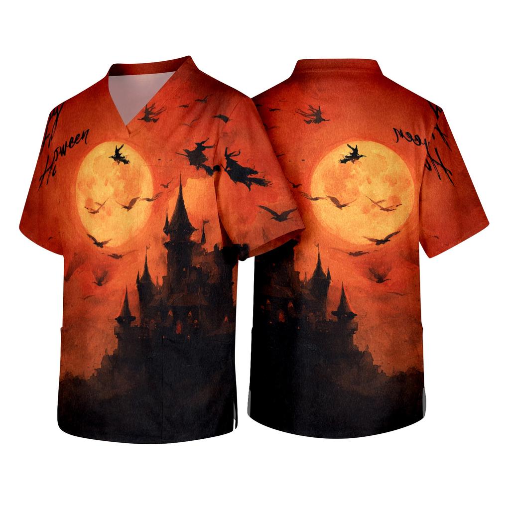Men's Short Sleeve V Neck Halloween Print Medical Scrub Top with Chest Pocket and Two Lower Pockets Suitable for Healthcare Professionals