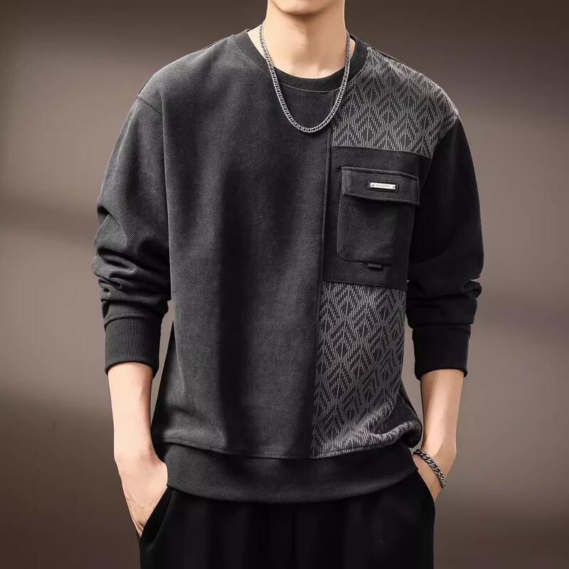 Men's American Retro Brushed Jacquard Patchwork Round Neck Sweatshirt