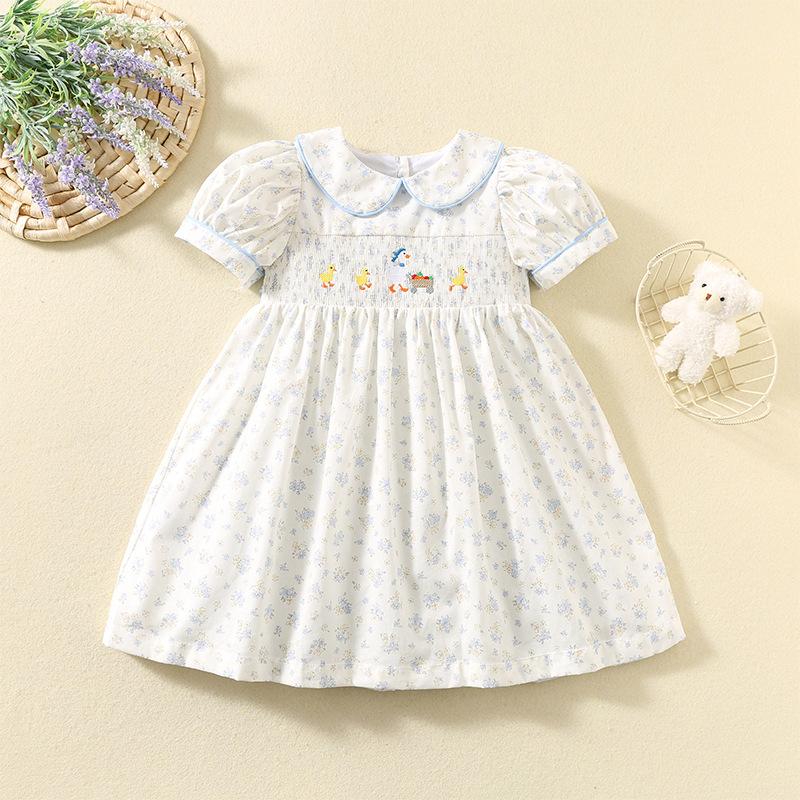 Summer Girls Cotton Smocked Dress Cute Duck Embroidery Princess Dress For Little Kids Sweet Casual Party Sundress 80cm синий