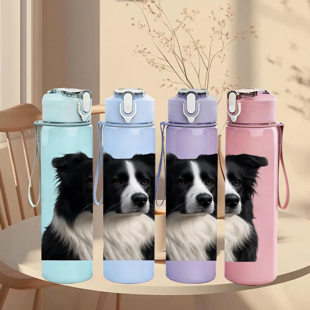 1PC Black White Border Collie Dog 750ml Color Plastic Sports Water Bottle Leakproof Flip Straw Lid Suitable for Sports Office Home Use