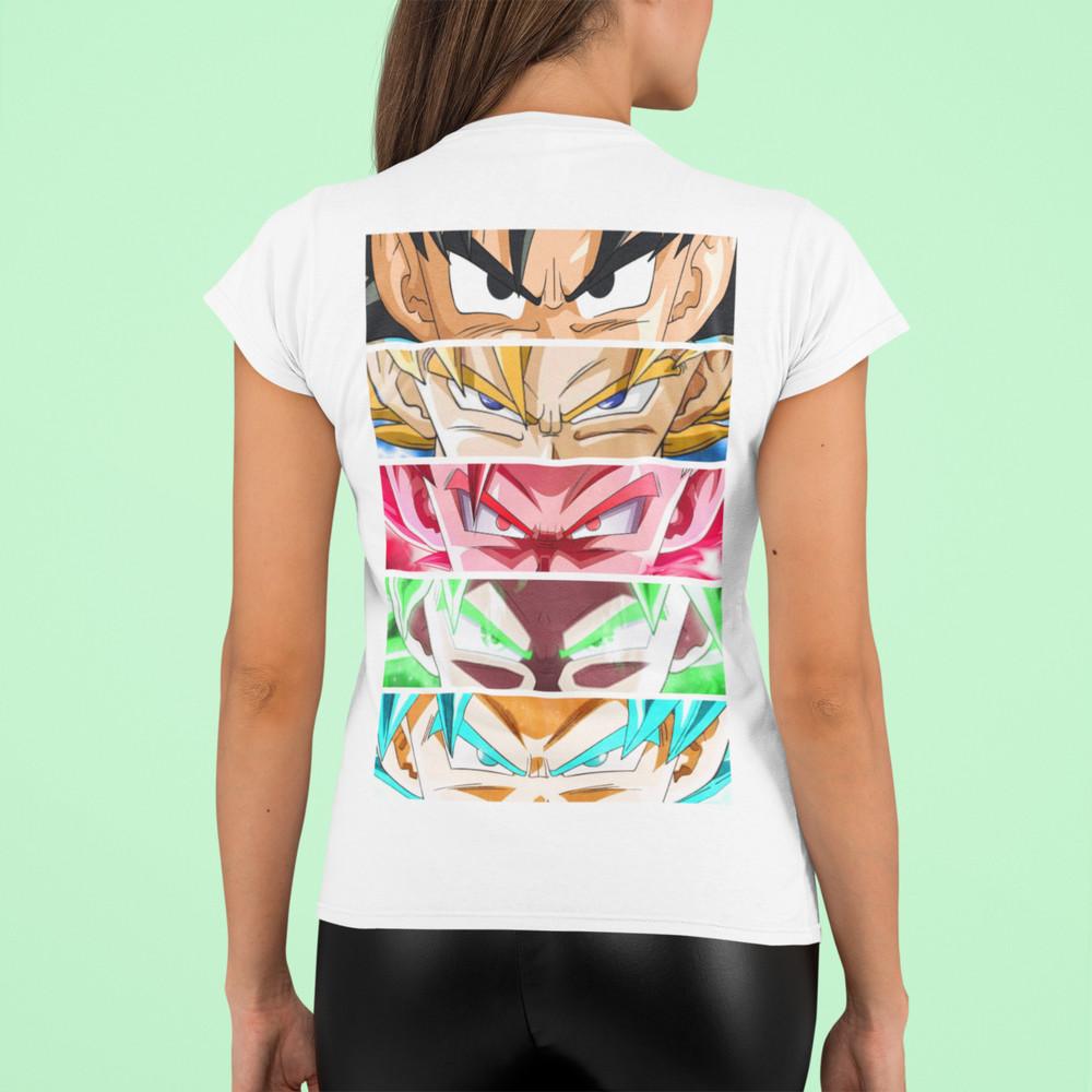 

Dragon Ball Son Goku Evolution Level Anime Augen Eyes Merch Damen Bio T-Shirt S