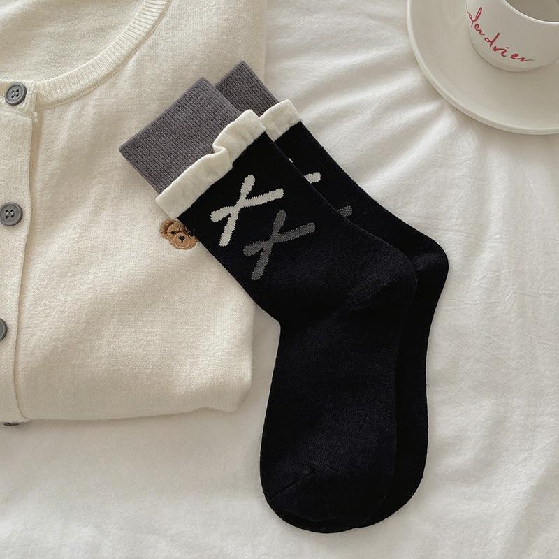 Soft Plush Lolita Girl Sweet Socks with Bow Ties, Mid-calf Thick Pile, Cute Lace, Extra Thick, Suitable for Autumn and Winter.
