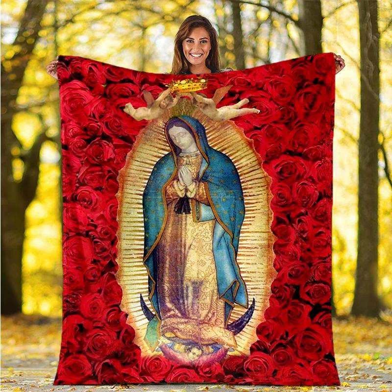 

Our Lady of Guadalupe Pattern Flannel Throw Blanket Religion Mary Soft Cover Lightweight Warm for Bedroom Sofa Decor Kids Adults 75x100cm