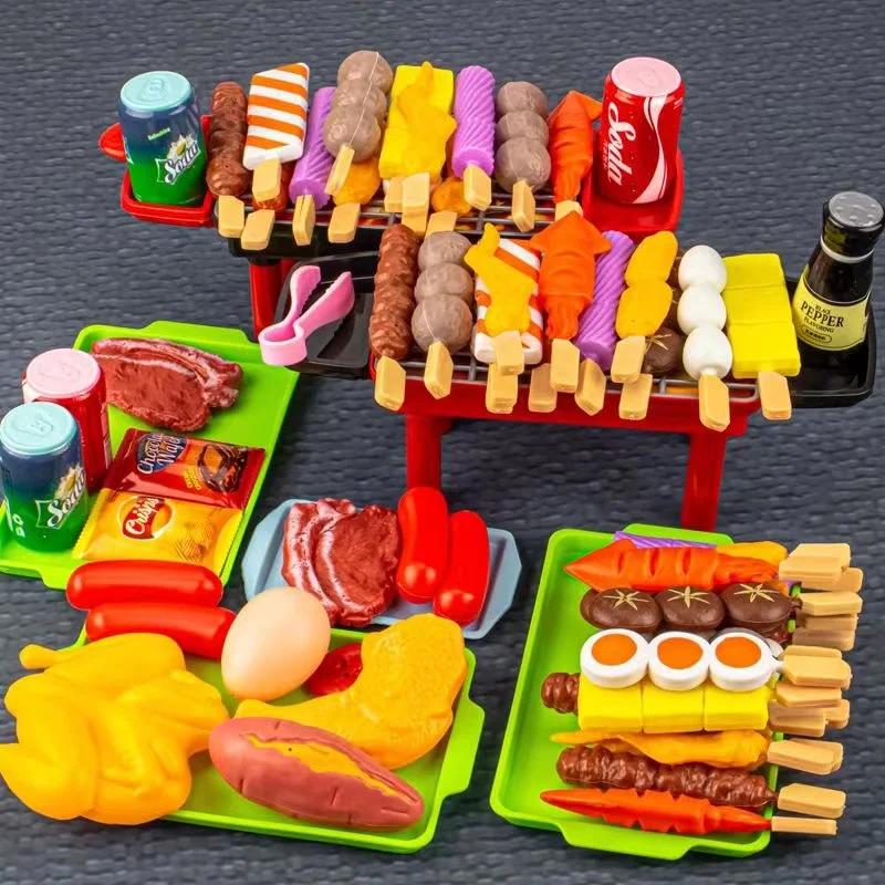 Kids Simulation Barbecue Toy Set BBQ Cooking Pretend Play Kitchen Toys Interactive Grill Play Food Cookware Playset for Children