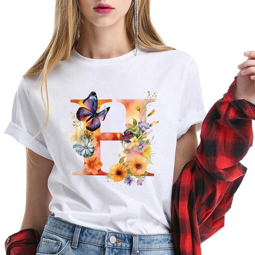 New T-Shirt Butterfly Letter Collection Women's Plus Size  T-Shirt Top Short Sleeve Gift Couple Tee