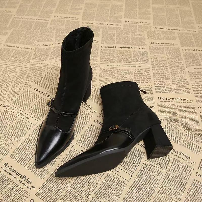 Autumn and winter new short boots French retro pointed one-word buckle thick heel fashion boots women's medium tube suede spell