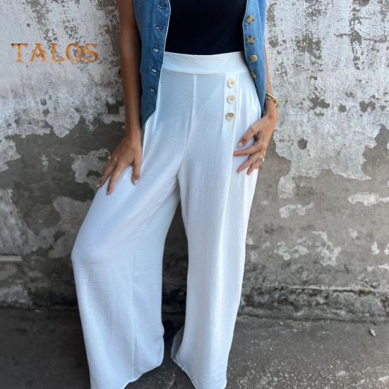 Women's Wide-Leg Pants High Waist Button Decorated Pants Casual Loose Fit Trousers for Daily Wear Travel Office