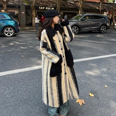 Vertical Striped Woolen Coat Women's Winter New Korean Style Loose Thick Design Extra Long Ankle-length Coat