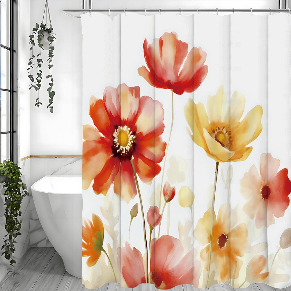 Watercolor Flower Shower Curtain, Bathroom Decorative Shower Curtain, Waterproof Shower Curtain with Hooks