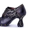 Johnature Handmade Genuine Leather Pumps Retro Patchwork Printed Rivet High Heels Women's Shoes