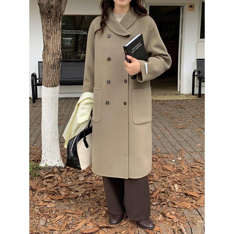 Wind cute small lapel double-breasted coat commuter versatile double-sided hand-sewn cashmere coat women