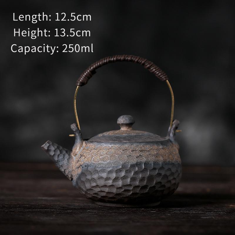 

250ml Coarse Pottery Hammer Pattern Handle Teapot Japanese Retro Tea Pot Ceramic Kung Fu Tea Brewing Pot Hammered Handle Teapot