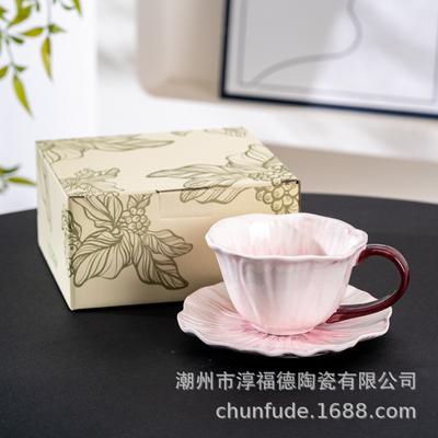 Hand-Painted Kiln Lower Color Flower Ceramic Coffee Cup And Saucer Design Sense Niche Women High Value Latte Cup