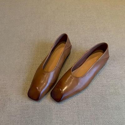 Sheepskin~ Minimalist Row Style Leather Versatile Flat-bottomed Laden Shoes One Pedal Retro Light Mouth Single Shoes Square Head Polishing Shoes