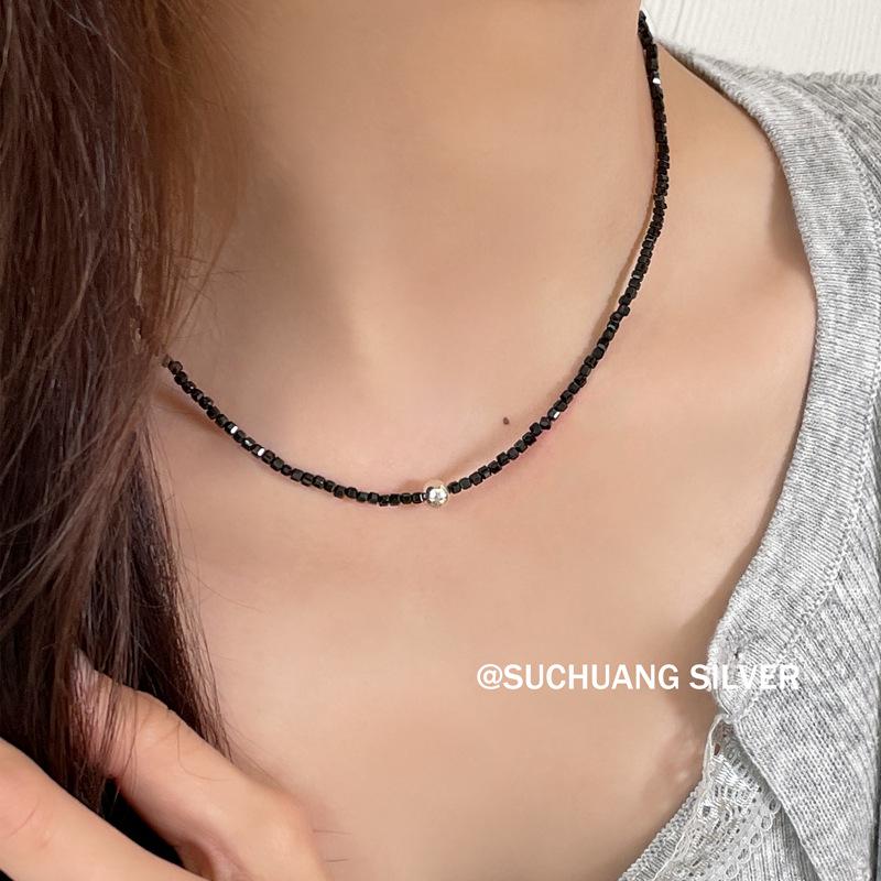 S925 Sterling Silver Black Agate Necklace & Bracelet Set for Women - Luxury Natural Stone Jewelry