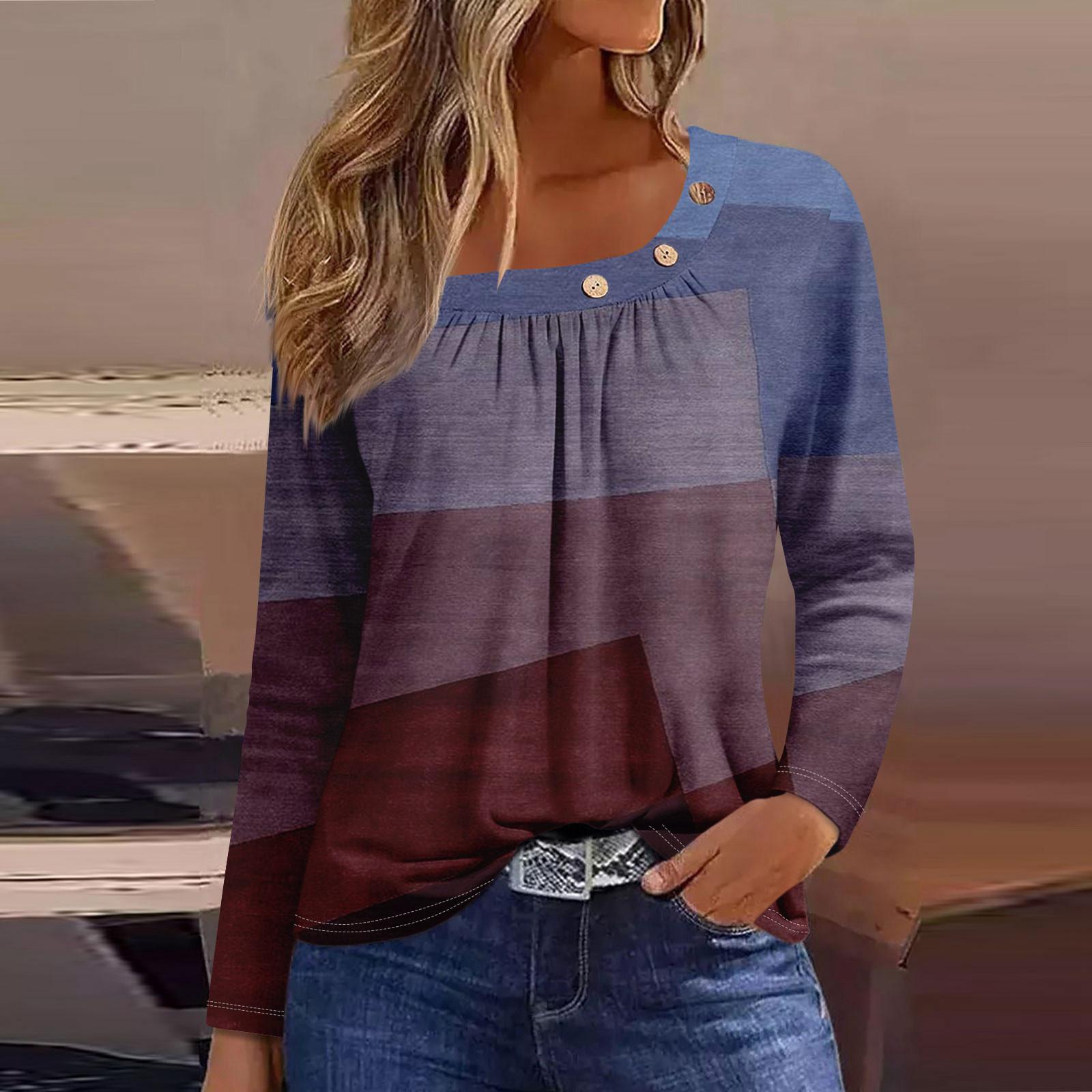 

Блузки с длинным рукавом для женщин, повседневная рубашка на пуговицах с круглым вырезом, однотонная блузка, топы, свободная посадка, осенняя рубашка, топ M фиолетовый