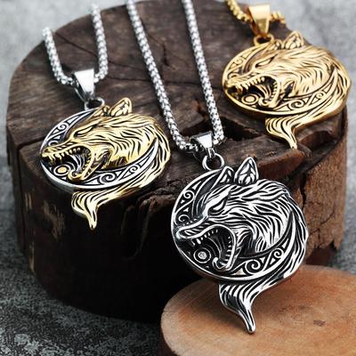 2025 Wikinger Wolfskopf Anhänger Halskette - Edelstahl Herren Punk Schmuck