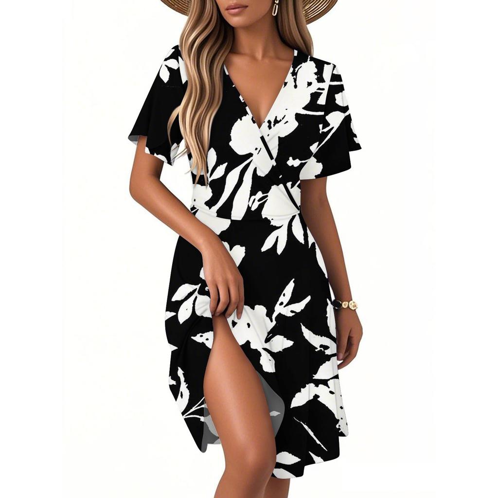 Women's Casual Fashion Dress Vintage Floral Floral Short Sleeve V-neck Dress