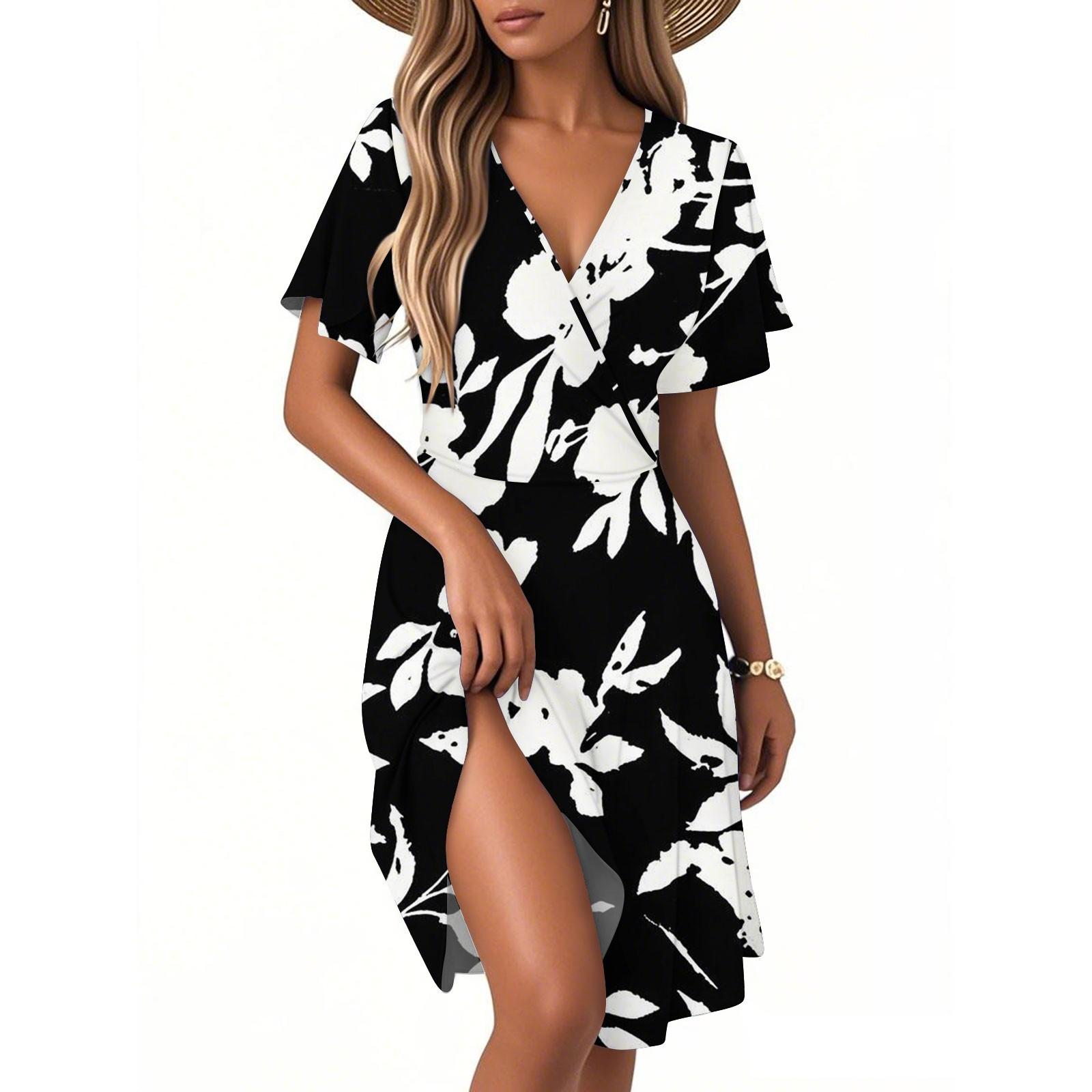 

Женское повседневное модное платье с винтажным цветочным принтом и коротким рукавом и V-образным вырезом S чёрный