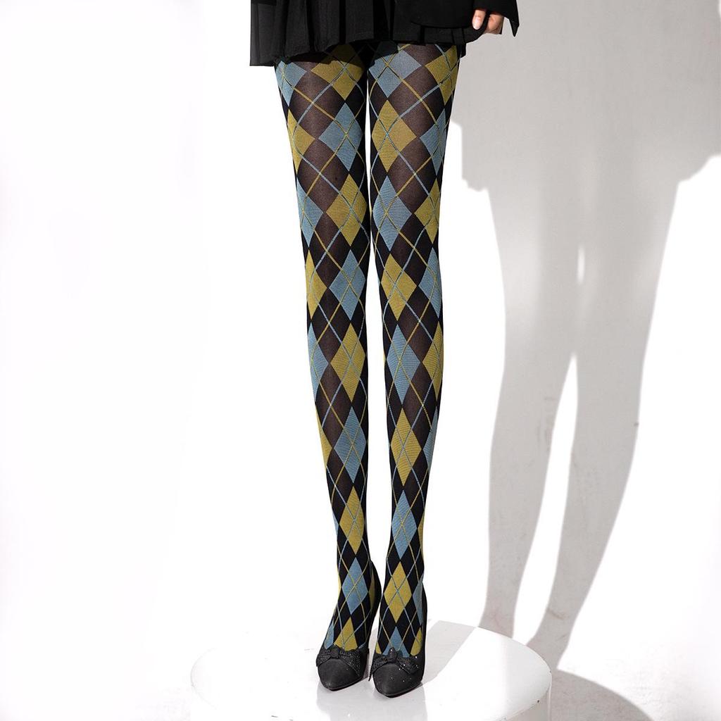 Rautenmuster Retro Schlankmachende Leggings, Tintengrün & Rot Oberschenkelhohe Damenstrümpfe