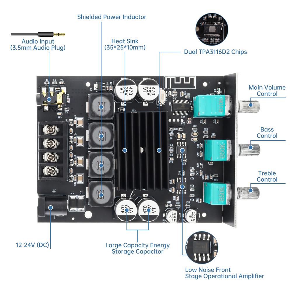 Bluetooths Amplifier Board 100Wx2 TPA3116D2 Car Audio Home Theater DIY Speakers Stereo Receiver 12V-24V Power Module