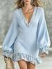 Women Leopard Print Trim V Neck Lantern Sleeve Ruffle Hem Knit Mini Dress