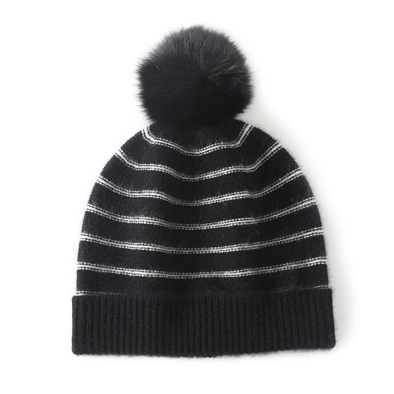 Women's Striped Cashmere Beanie with Ear Protection - Warm, Trendy Autumn/Winter Hat with Pom Pom