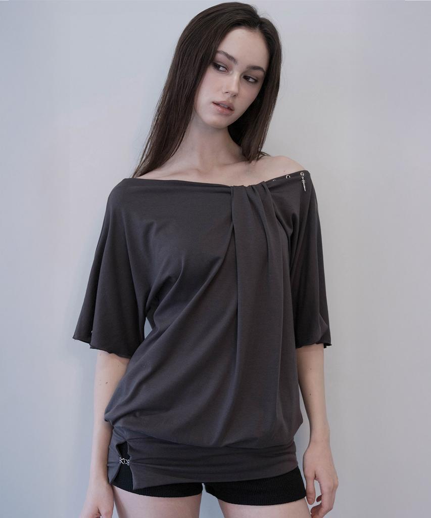 Demio Off-Shoulder Draped Mini Dress (Charcoal)