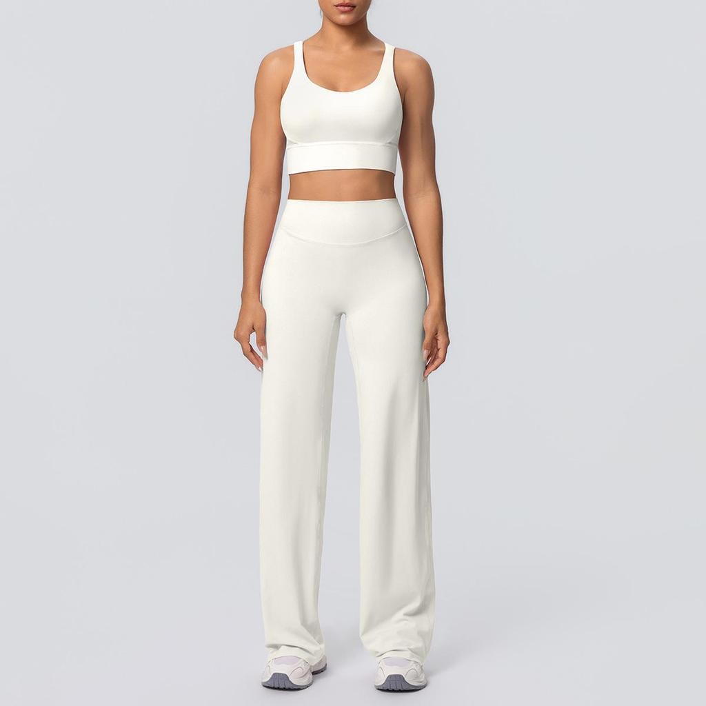Shockproof Cross Back Running Bra & High Waist Wide Leg Yoga Pants