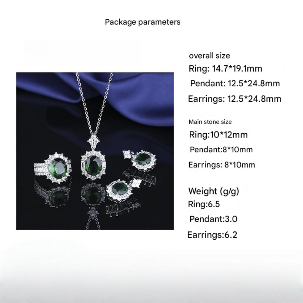 925 Sterling Silver Jewelry Set With Emerald And Zircon Necklace, Earrings And Ring, Elegant Accessories Collection For Women