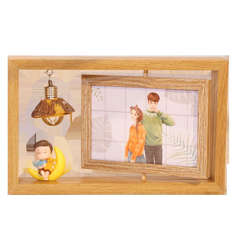 6-Inch Modern Double-Sided Rotating Wooden Photo Frame & Album with Wood Carving Ornament