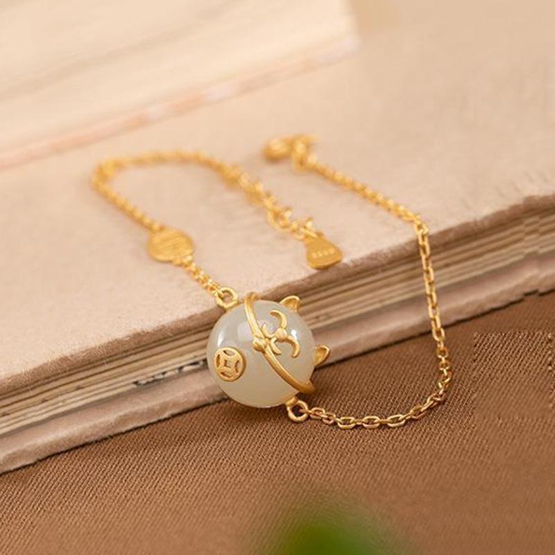

Мультяшный браслет из нефрита с котенком: Ретро стиль ханьфу с дизайном в виде благоприятной монеты 17+3cm Adjustable Chain