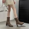 2025 Medium Boots Black Pleated Square Head High Heel New Thick Heel Retro Thin Boots Short Women's Boots French Stacking
