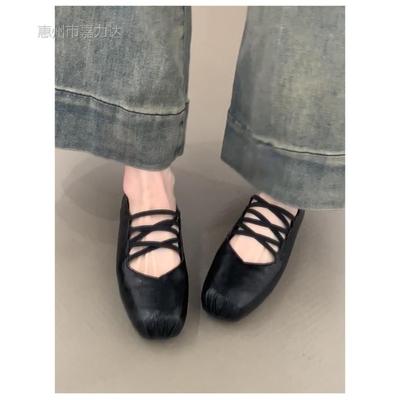 Sheepskin~ Square Head Cross Strap Mary Jane Shoes Spring and Autumn Flat-soled Single Shoes Women's Shallow Mouth Soft-soled Ballet Shoes