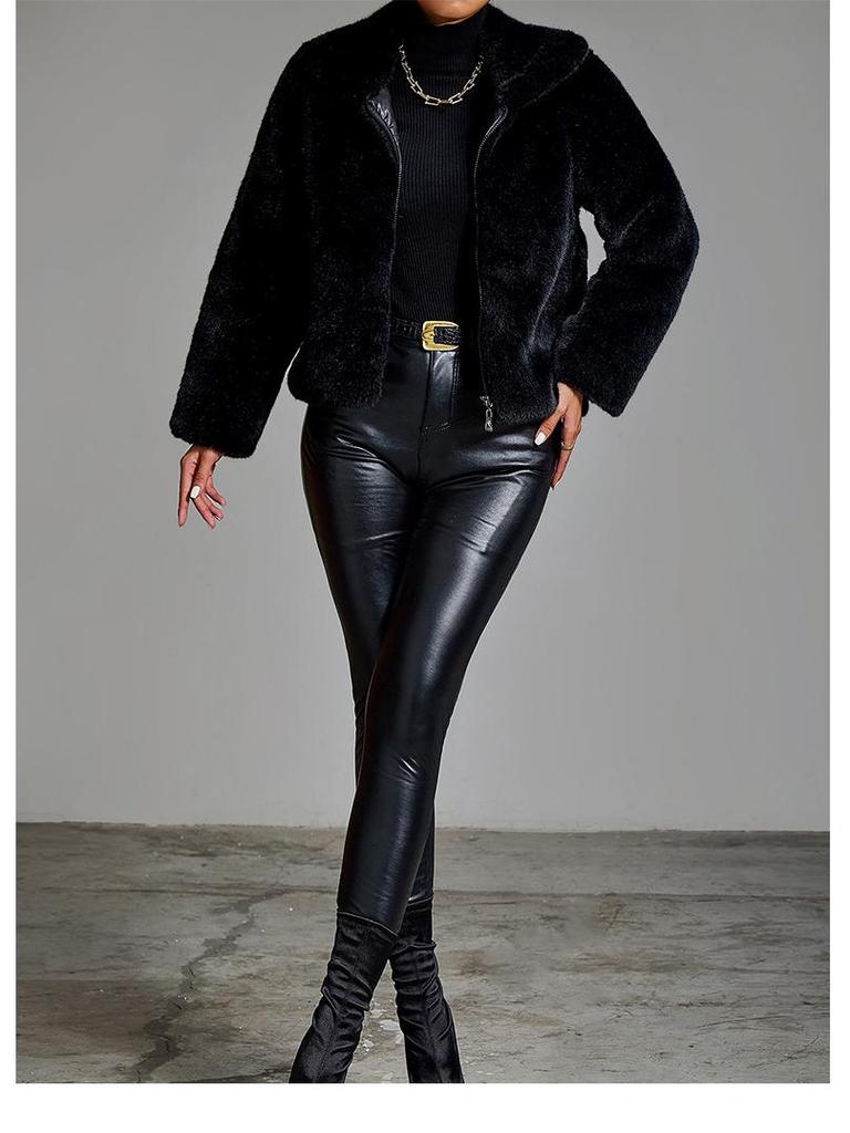 Abrigo Corto de Visón Negro de Terciopelo para Mujer Europea y Americana - Moderno, Cálido, Corte Slim