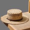 New Summer French Raffia Straw Hat - Hand Woven Hollow Flat Wide Brim UV Protection Sun Hat for Vacation Beach
