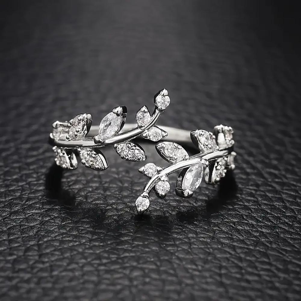Gold Sliver Color Leaves Diamond Cuff Rings For Women Slim Zirconia Figure Accessory
