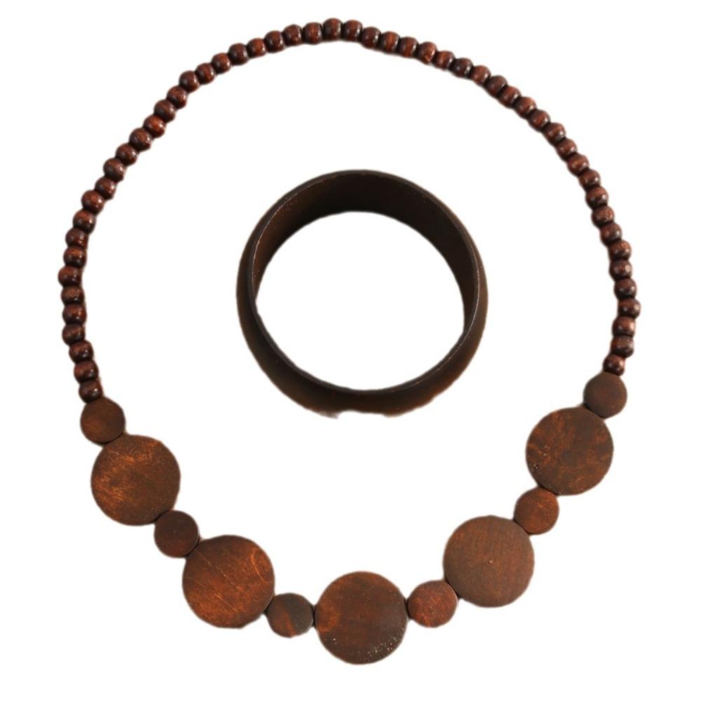 Necklace Sweater Chain Bangle Hand Rope Simple Wooden Beaded Jewelry Set  Girl