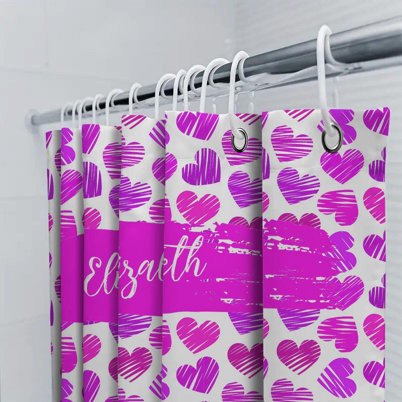 Pink Hearts Bathroom Shower Curtain With Name For Girls Gift Decor Home Decoration Waterproof Fabric Size Customize