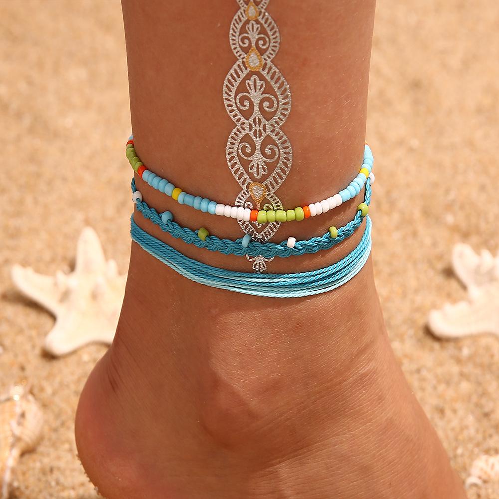 Bohemian Retro Wax Rope Mixed Color Woven Turquoise Sunflower Handmade String Mixed Color Rice Bead Multi-Layer Anklet