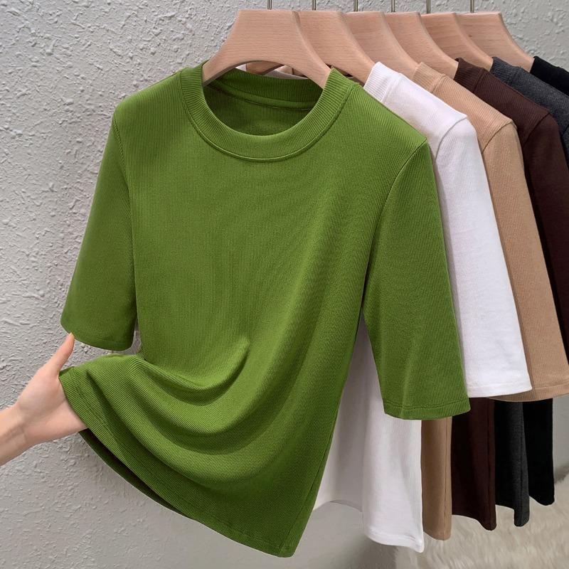 Women's new crew neck bottoming shirt solid color medium sleeve cotton slim fit with silk protein top