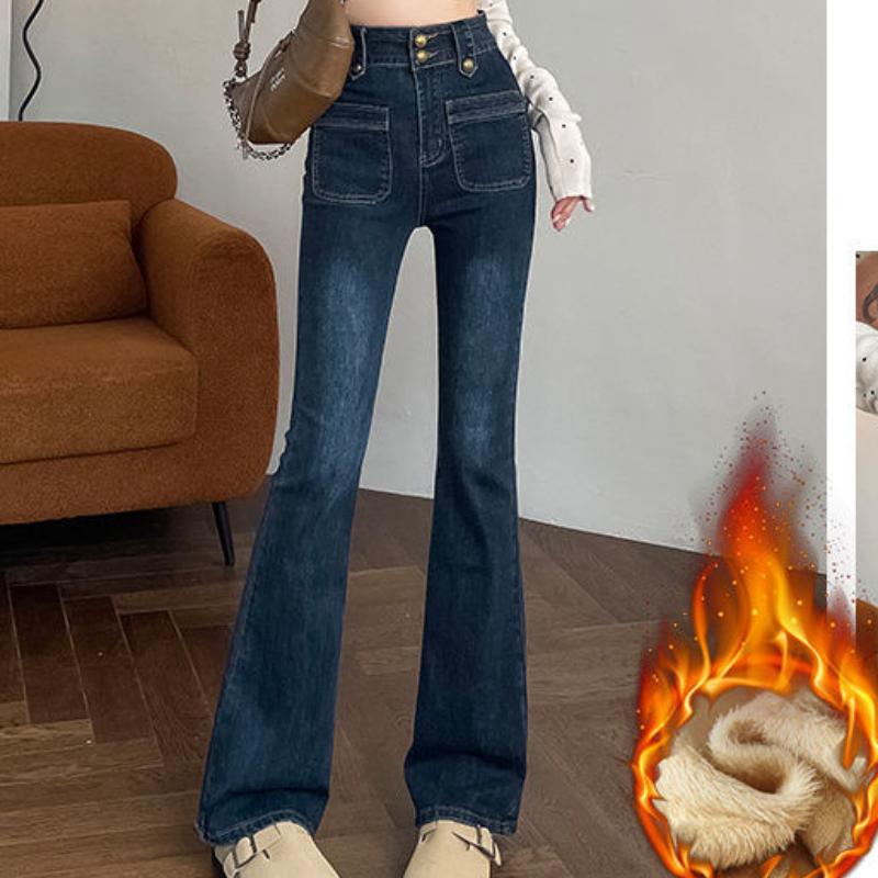 

Бархатные Утепленные Джинсы с Высокой Посадкой для Женщин Осень-Зима, Новый Стиль Облегающие и Стройнящие Маленькие Ретро Клеш Брюки в Пол XS