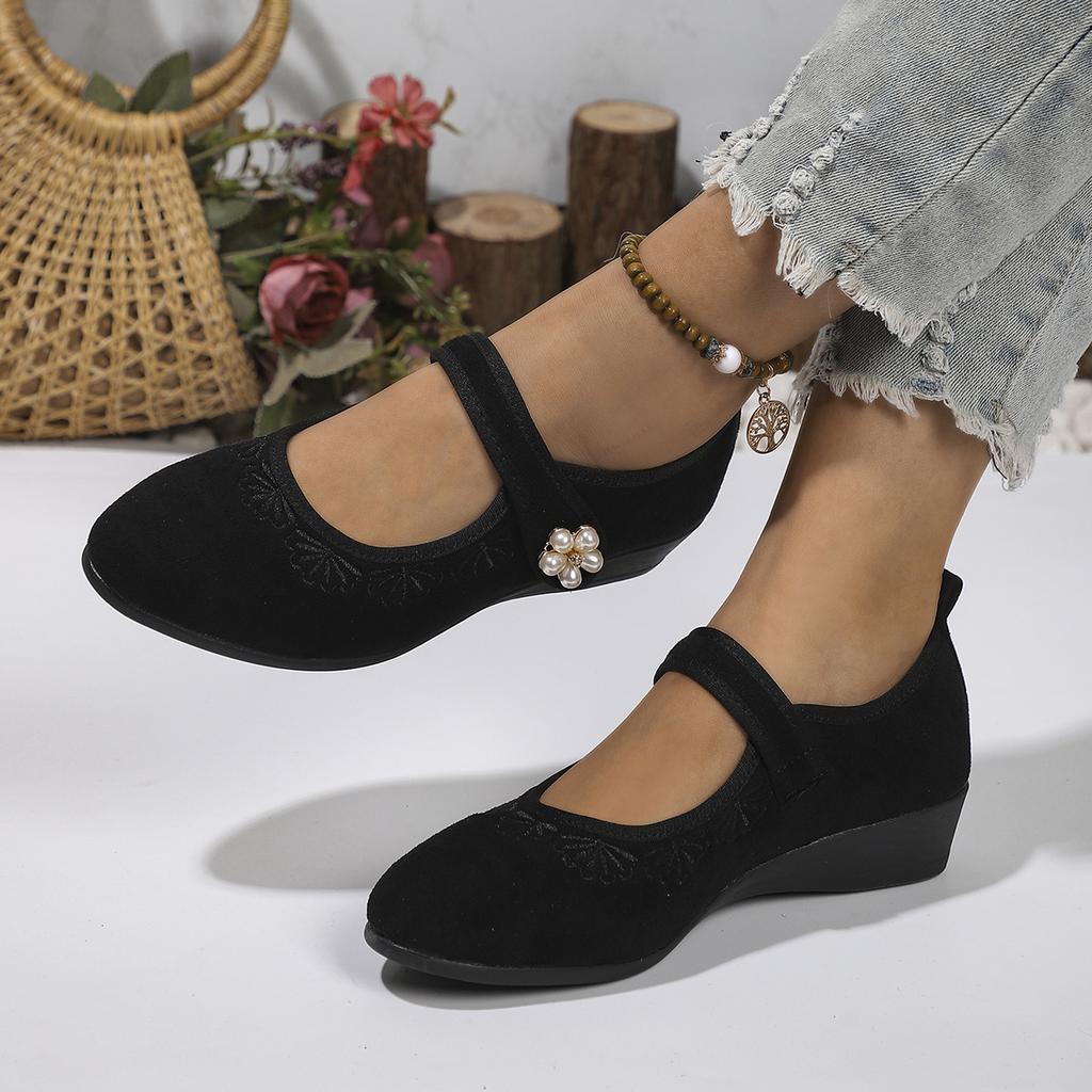 Damen Frühling Neue Mode Ethnische Stil Stickerei Schuhe Atmungsaktiv Keilabsatz Weiche Sohle Rutschfest Lässig Stoffschuhe Damen