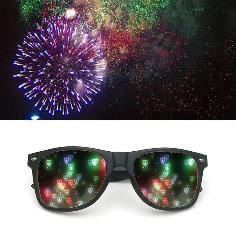 3D Heart Effect Diffraction Glasses Women Sunglasses Rectangle Rainbow Kaleidoscope Festival Party Style Eyewear Clear/Gray Lens