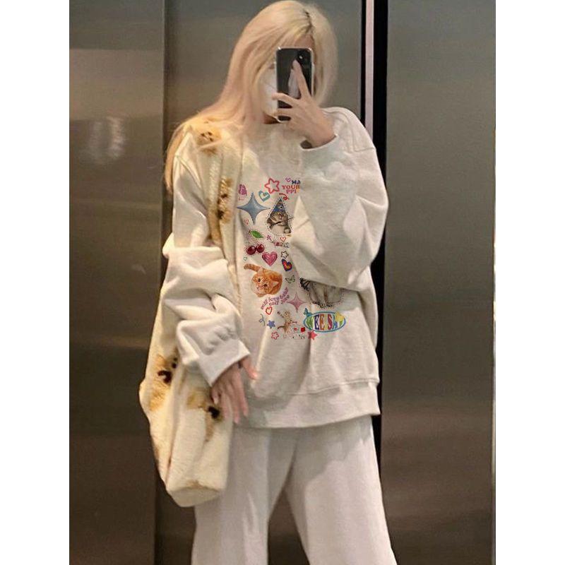 Ladies Cartoon Pattern Grey Hoodies College Style Loose Round Neck Female Hoodie Autumn Casual Women's Long Sleeved Tops