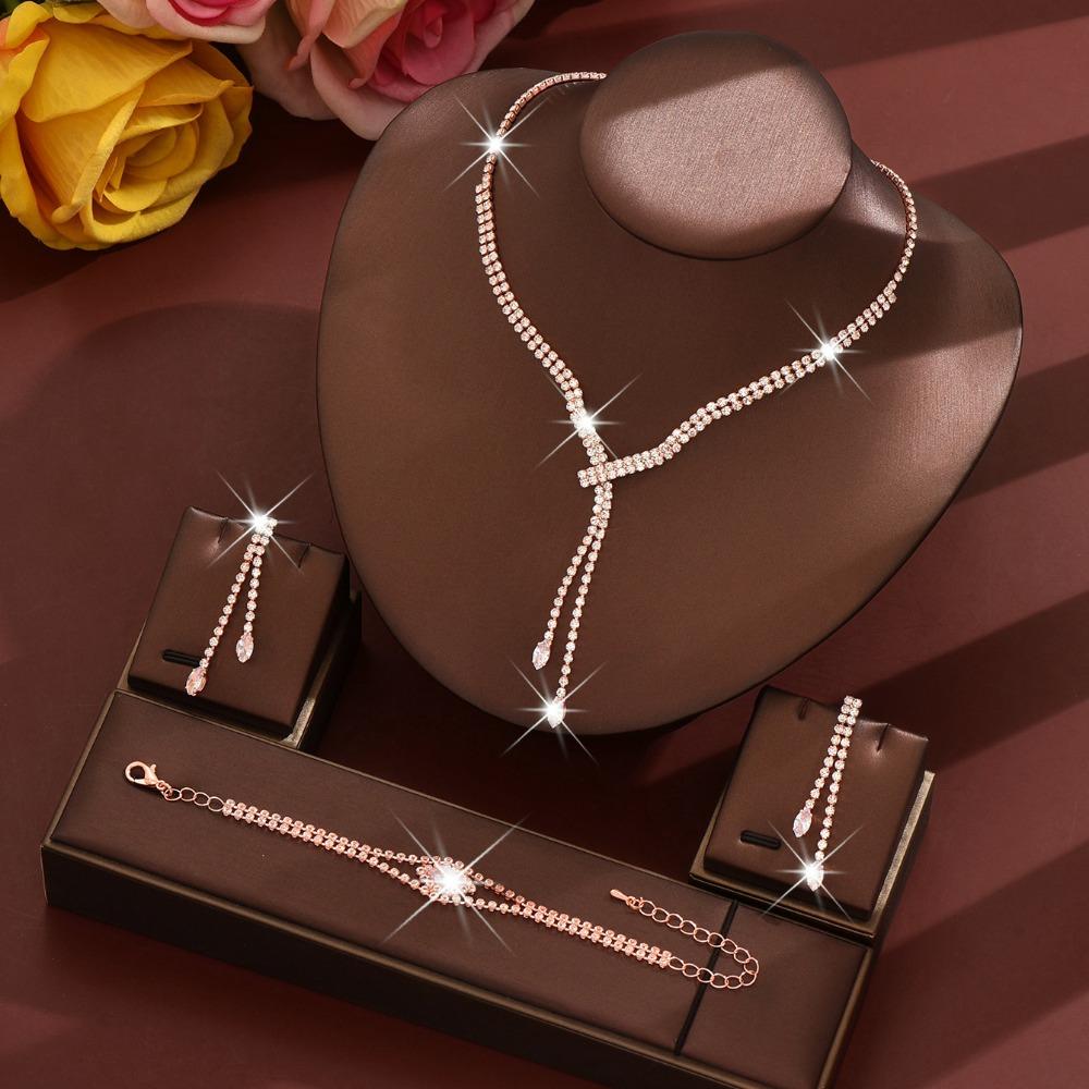 Jewelry Full Diamond Zircon Necklace Earrings Bracelet Ring Set Chain Wedding Dress Jewelry