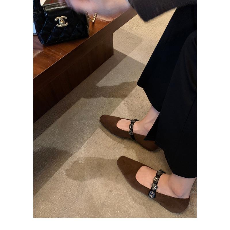 Sheepskin Version~ Leather Shoes Leopard Print Mary Jane Shoes Women's Single Shoes Rhinestone Shallow Mouth Ballet Flat Shoes Ladyshoes