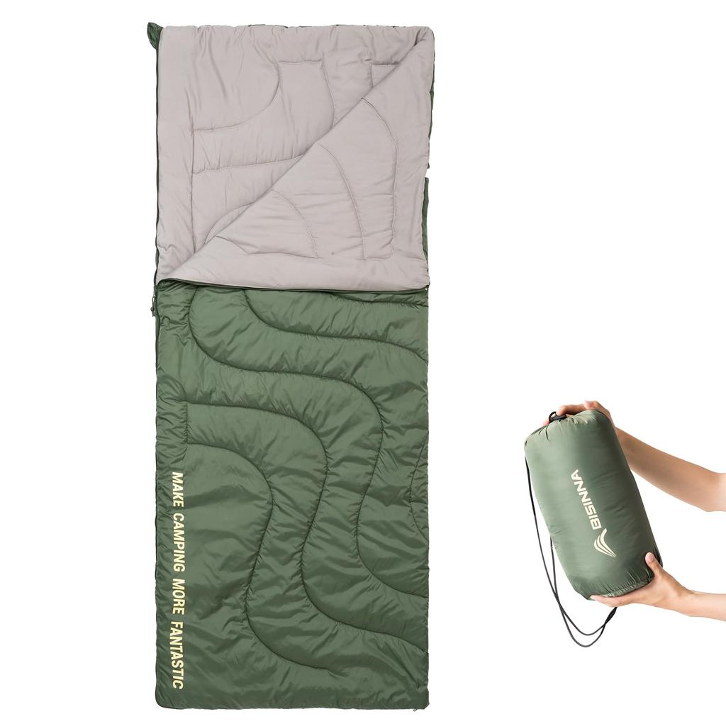 BISINNA Summer Sleeping Bag, Envelope-Style, Ultra-Lightweight (680g), Compact, Waterproof, 75x190cm, Outdoor, with Cap, Washable, 2-Way Comforter,