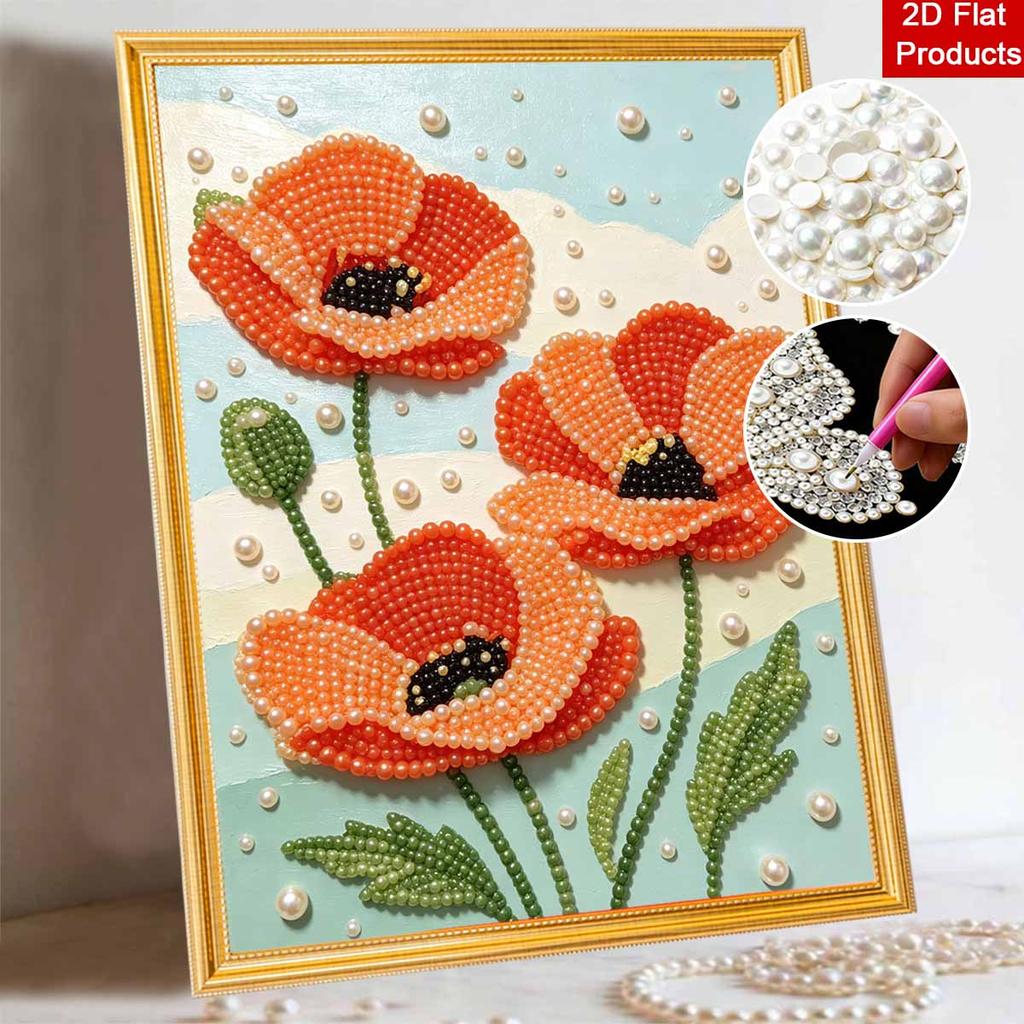 Elegant Framed Pearl Art DIY Set with Vibrant Poppy Flower 5D Sparkling Bead Canvas Painting Ready to Display Romantic Home Decor Gift