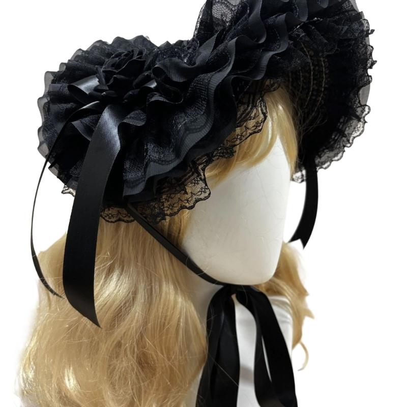 Woven Straw Lace Hat with Dark Series Design and Large Bowknot Elegant Bonnet Hat For Women Theme Parties and Halloween